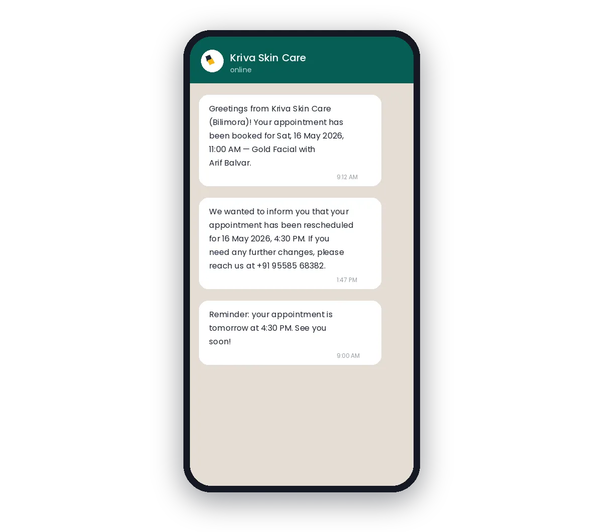 Phone enquiry to booked — over WhatsApp