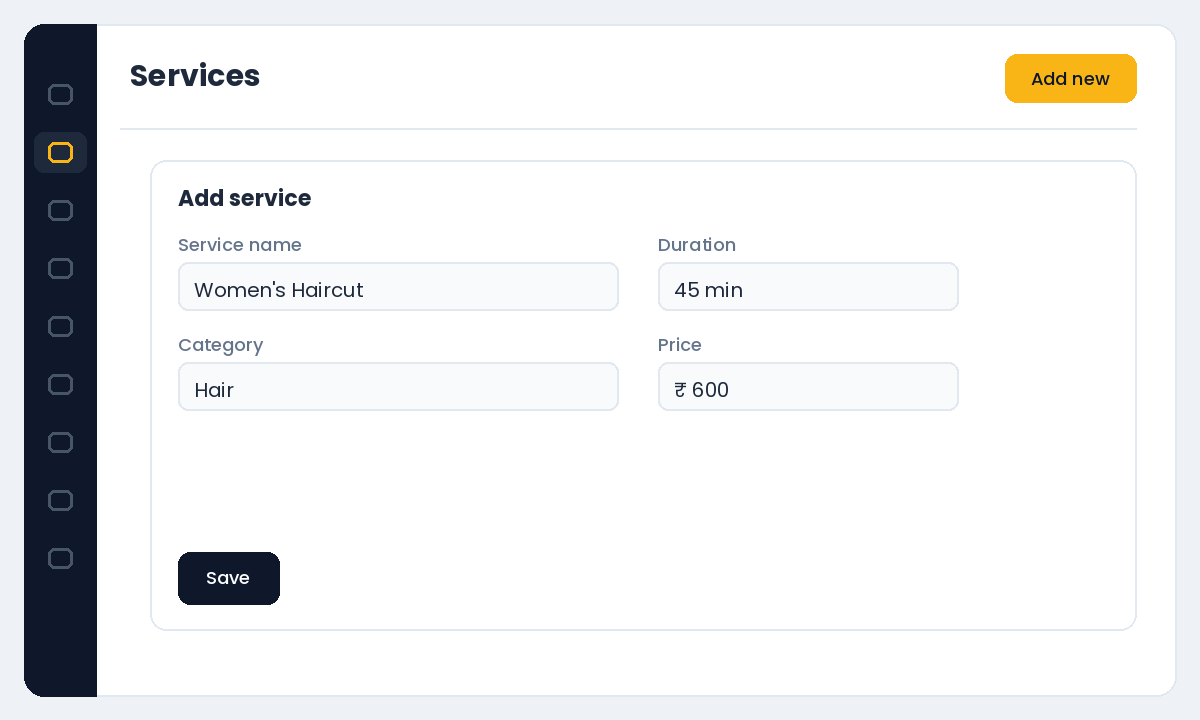 Adding a service in Salonior