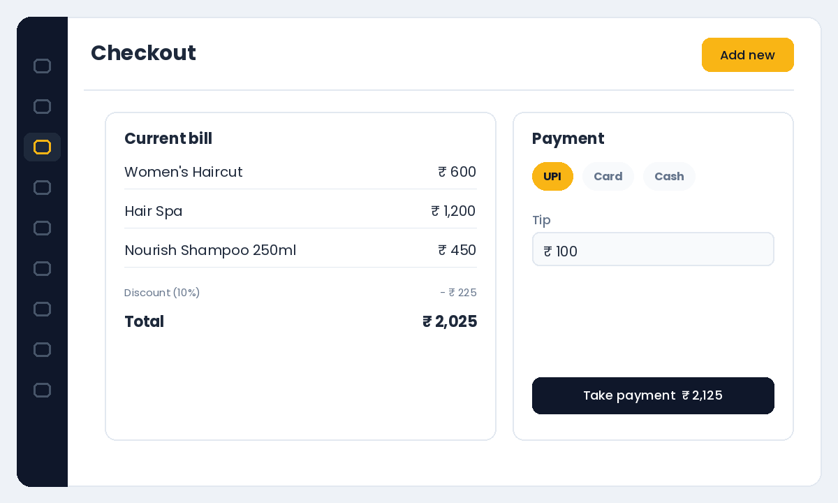 Salon POS checkout in Salonior