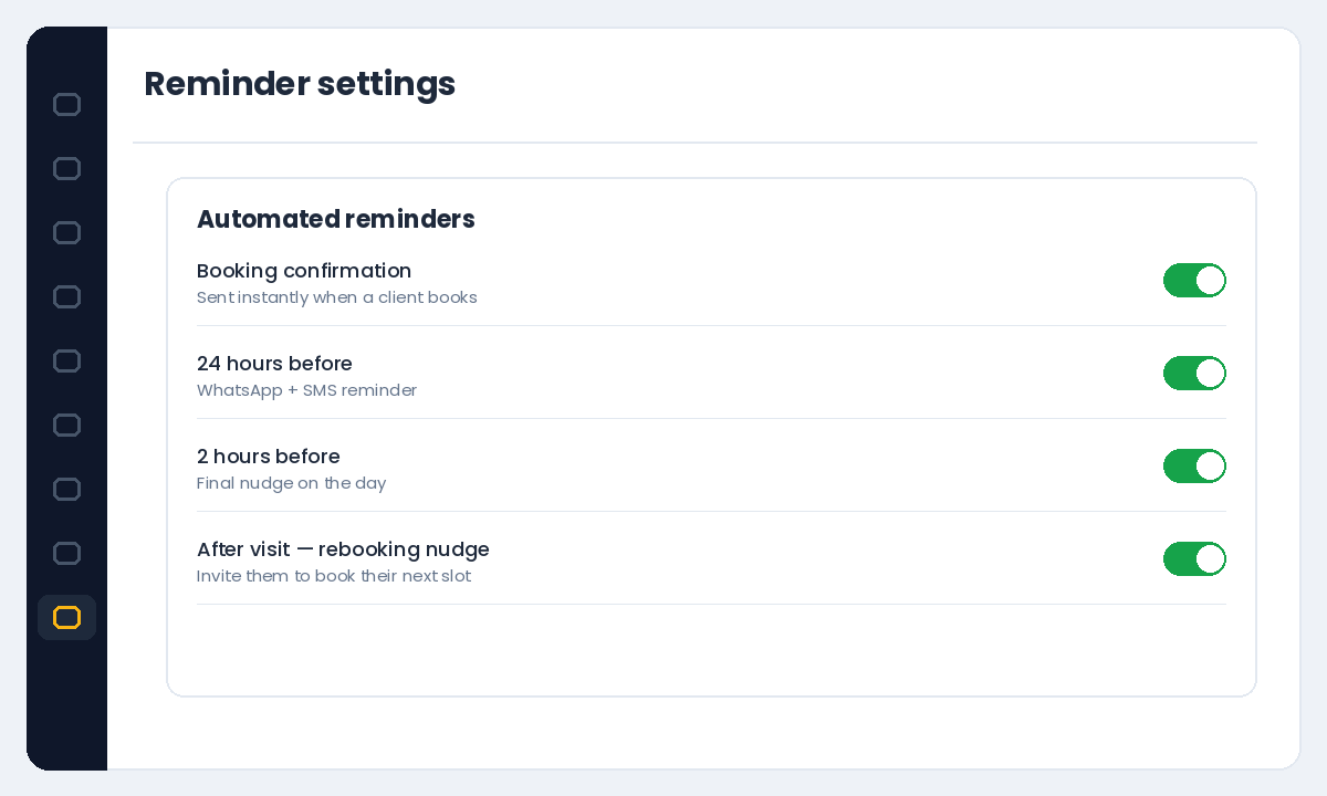 Automated reminder settings in Salonior